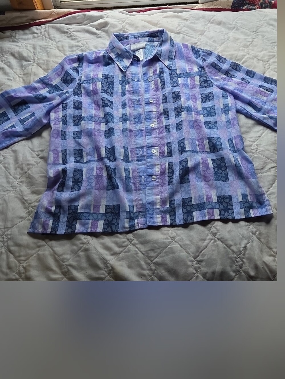 Alfred Dunner Purple Patterned Button-Up Blouse. 3/4 Sleeve PM